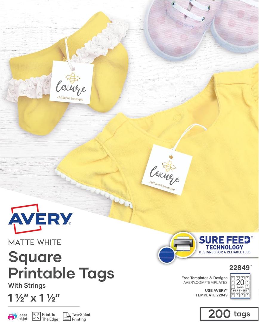 Avery Square Printable Tags, Sure Feed Technology, 1.5" x 1.5", White, Includes String, Laser/Inkjet Printable, 200 Total, Great for Branding, Gifts, Merchandising, and More (22849)