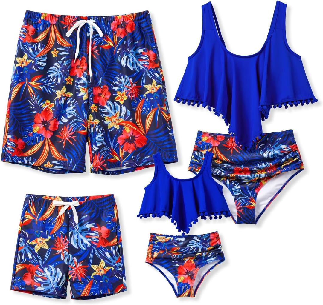 PATPAT Family Matching Swimsuits Two Piece Hawaiian Tropical Beach Bikini and Swim Trunks Set Mommy and Me Bathing Suits (2T, Blue Gem)
