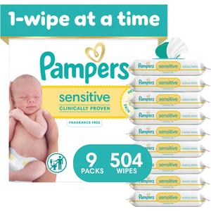 Pampers Sensitive Baby Wipes, Clinically Proven, Fragrance Free, Unscented, Water Based, Hypoallergenic, Multi-Use, Hand Wipes 504 Wipes Total (6X Flip-Top Packs)