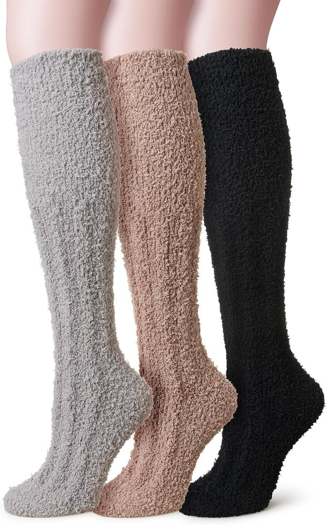 Velice Fuzzy Socks for Women 3 Pairs Knee High Fluffy Soft Warm Stocking Cozy Slipper Plush Winter Long Christmas Socks (Black/Brown)