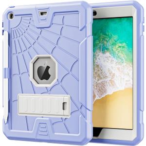 TSQQST Case for iPad 9.7 Inch 2018 2017 Model 6th 5th Generation with Glass Screen Protector | Shockproof Protective iPad Case 6th 5th Gen 9.7" for Kids with Pencil Holder&Stand | Purple
