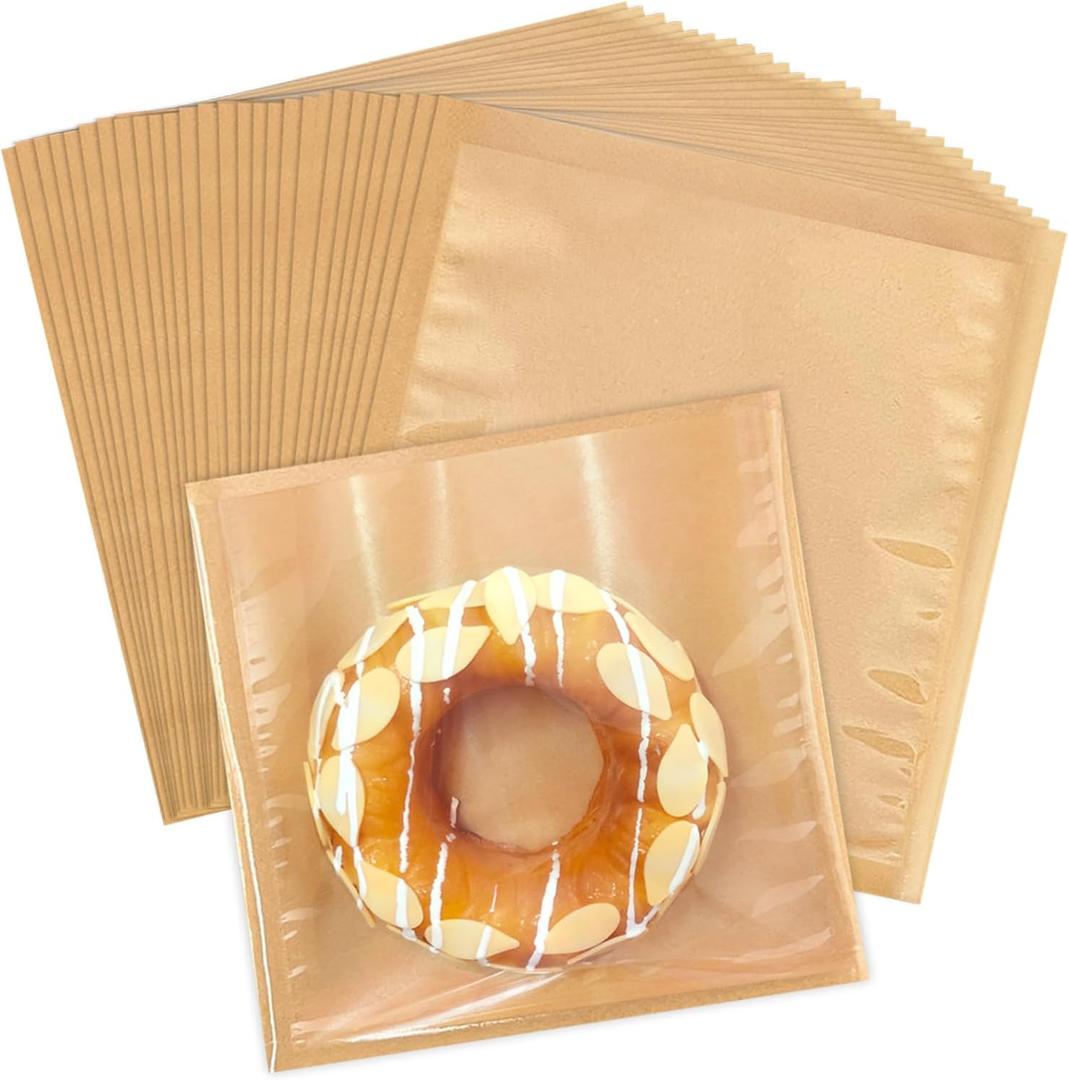 Heat Sealable Bakery Bags with Window, 100 Pack 7x7.5 Inches Cookie Bag Kraft Paper Greaseproof Pastry Bags with Clear Front for Baked Goods Packaging (Brown-100PCS)