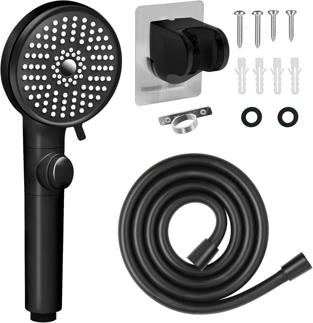 RV Shower Head with Hose, High Pressure 5 Mode Shower head Replacement, Shower Head for RV/Campers, Travel Trailer, Motorhome for Water Saving, Shower Head Holder and Hose, On Off Switch, Black