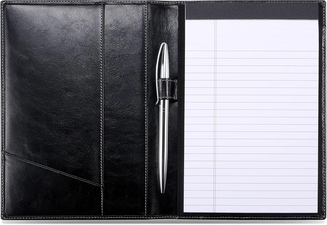 Leather Junior Padfolio for Men & Women with Pen Loop, Italian Calfskin, Business Portfolio Notebook Folder (Antiqued Black)