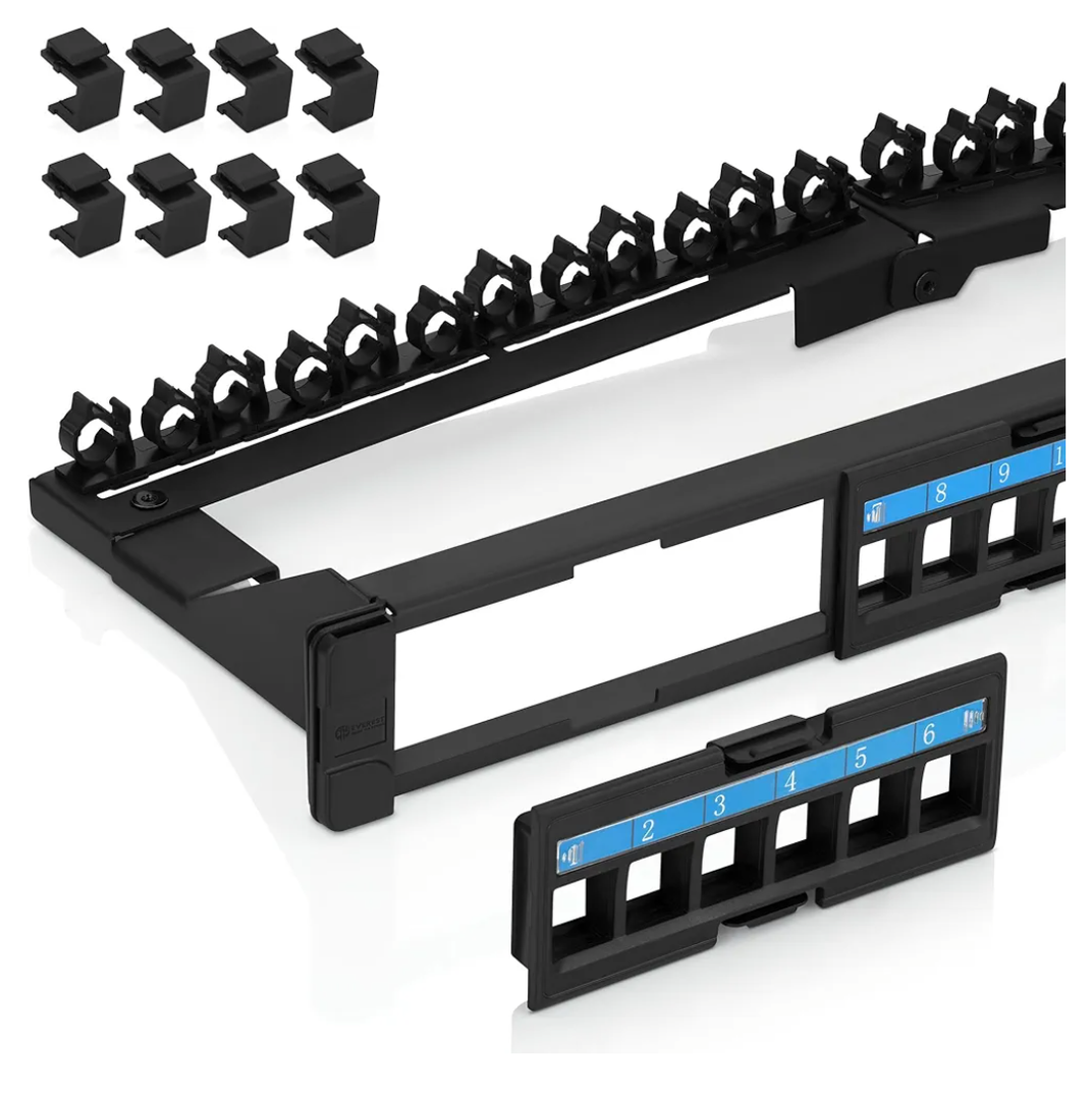 Everest 24 Port Keystone Patch Panel (1-Pack) - Removable 6-Port Panels - Use with Slim Profile Keystones ONLY (Wider Jacks May not fit Side by Side) - with Adjustable Rear Cable Management Bar