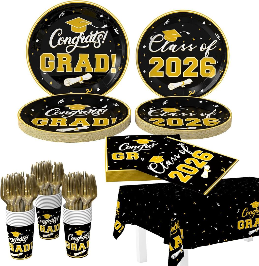 Tbsone Class of 2026 Graduation Plates and Napkins Set Black and Gold Disposable Tableware for 25 Guests, Includes Plates, Napkins, Cups, Forks and Tablecloth Party Decorations Supplies (126 PCS)
