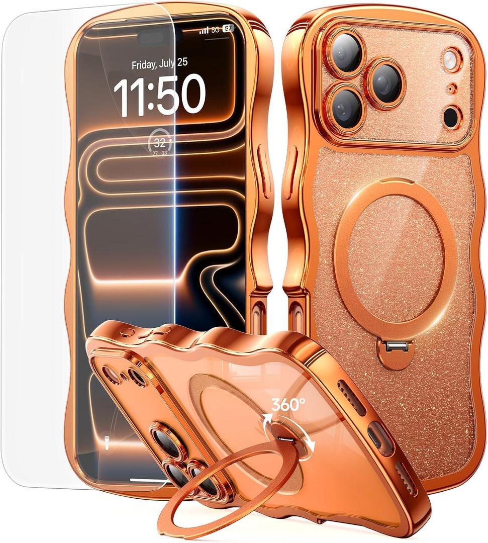 3 in 1 for iPhone 17 Pro Case with 360 Spin Magnetic Stand, 1X DIY Glitter Cardstock +1X Screen Protector, [Fit for Magsafe]Cute Wavy Trendy Glossy Clear Phone Cover for Women Girls 6.3Inch, Orange