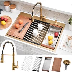 33x22 Drop in Kitchen Sink with Faucet - Gold Single Bowl, 33x22x10 Inch
