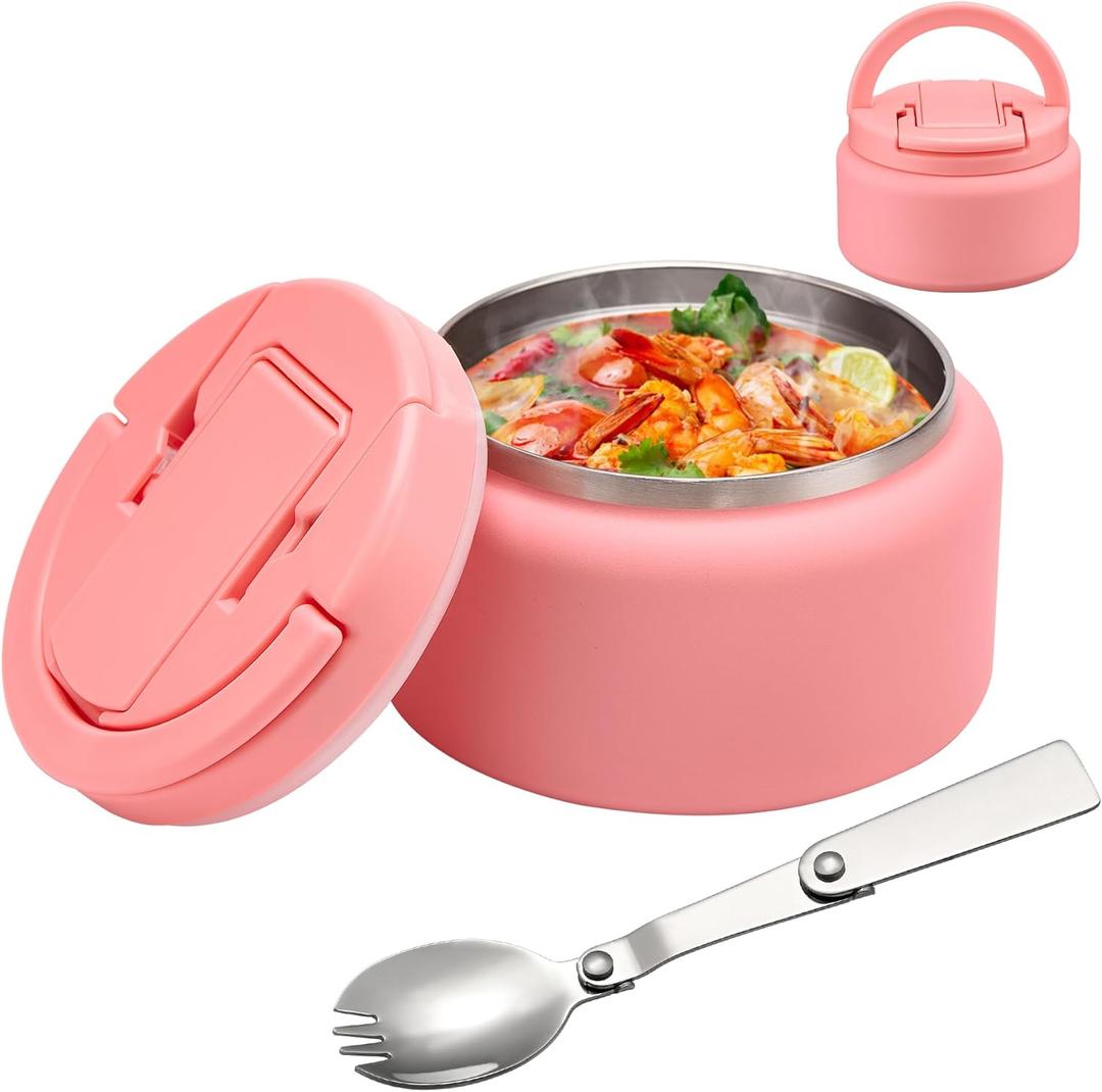 13.5oz Soup Thermo for Hot Food Kids Insulated Vacuum Food Jar with Buckle Lid, Wide Mouth Leakproof Stainless Steel Lunch Container with Spoon-Pink