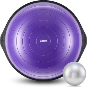 ZELUS 25in. Balance Ball | 660lb Inflatable Half Exercise Ball Wobble Board Balance Trainer w Nonslip Base | Half Yoga Ball Strength Training Equipment w 2 Bands, Pump, Extra Ball Included (Purple)