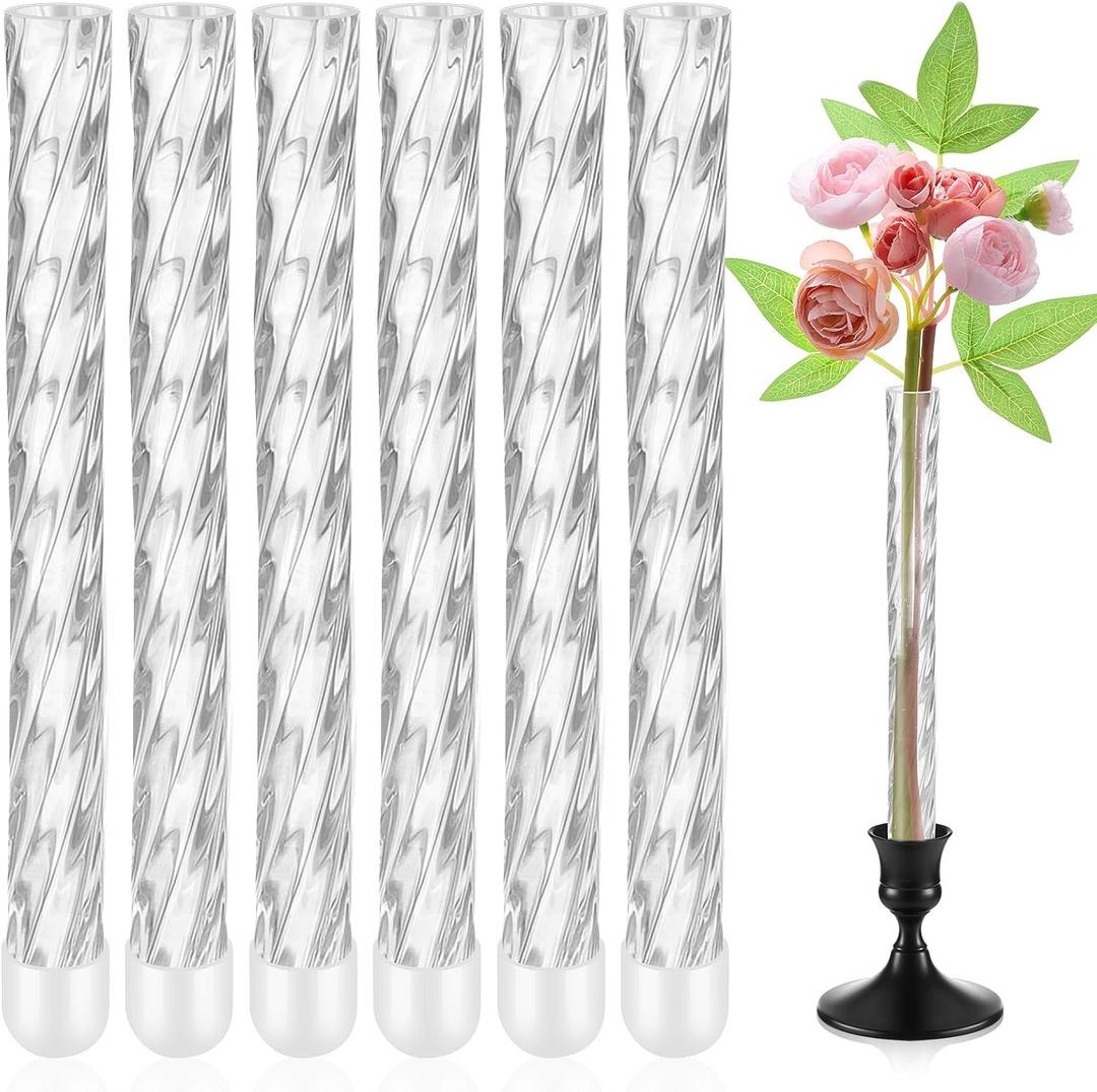 6 Pack 7.9" Bud Vase Taper Candle Holder's Acrylic Bud Flower Vase Designed Specially for Taper Candle for Tablescapes Centerpieces Weddings and Home Decorations(Threaded Design)