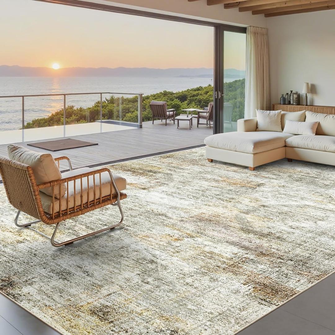 Washable Area Rug 8x10, Large Soft Abstract Rugs for Living Room Vintage 8x10 Area Rugs for Bedroom Dining Room Non-Slip Stain Resistant Under Table Gray Rust Rug