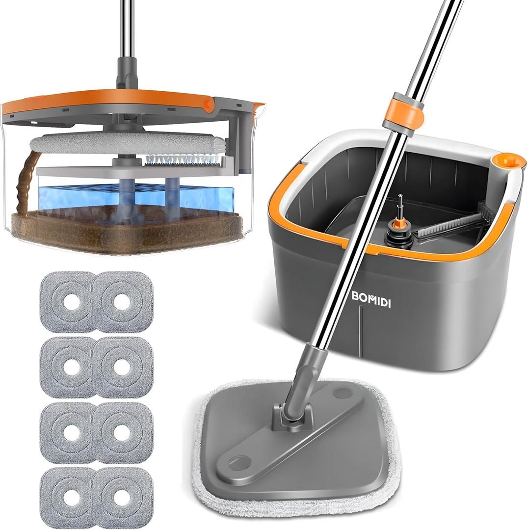 Mop and Bucket Set, Spin Mop with Separate Dirty Water System, Deep-Cleaning Mops for Floors, Versatile Mops for Walls (8 Pad)