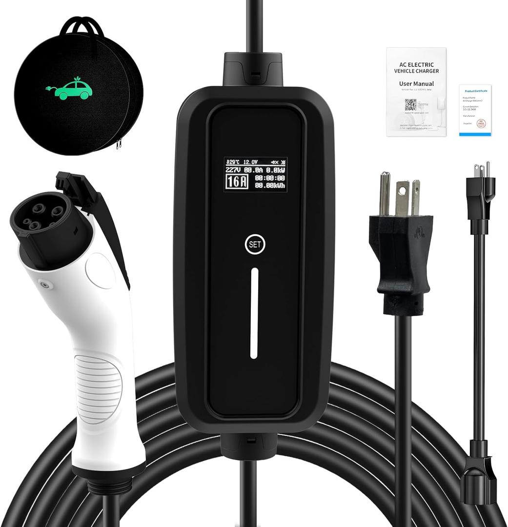 SubSun Portable EV Charger with NEMA 6-20 Plug, J1772 Electric Vehicle,16Amp,Adjustable Current/Delay Charging for 220V Level 1 Level 2 Car Charge (with NEMA 5-15 Adapter)