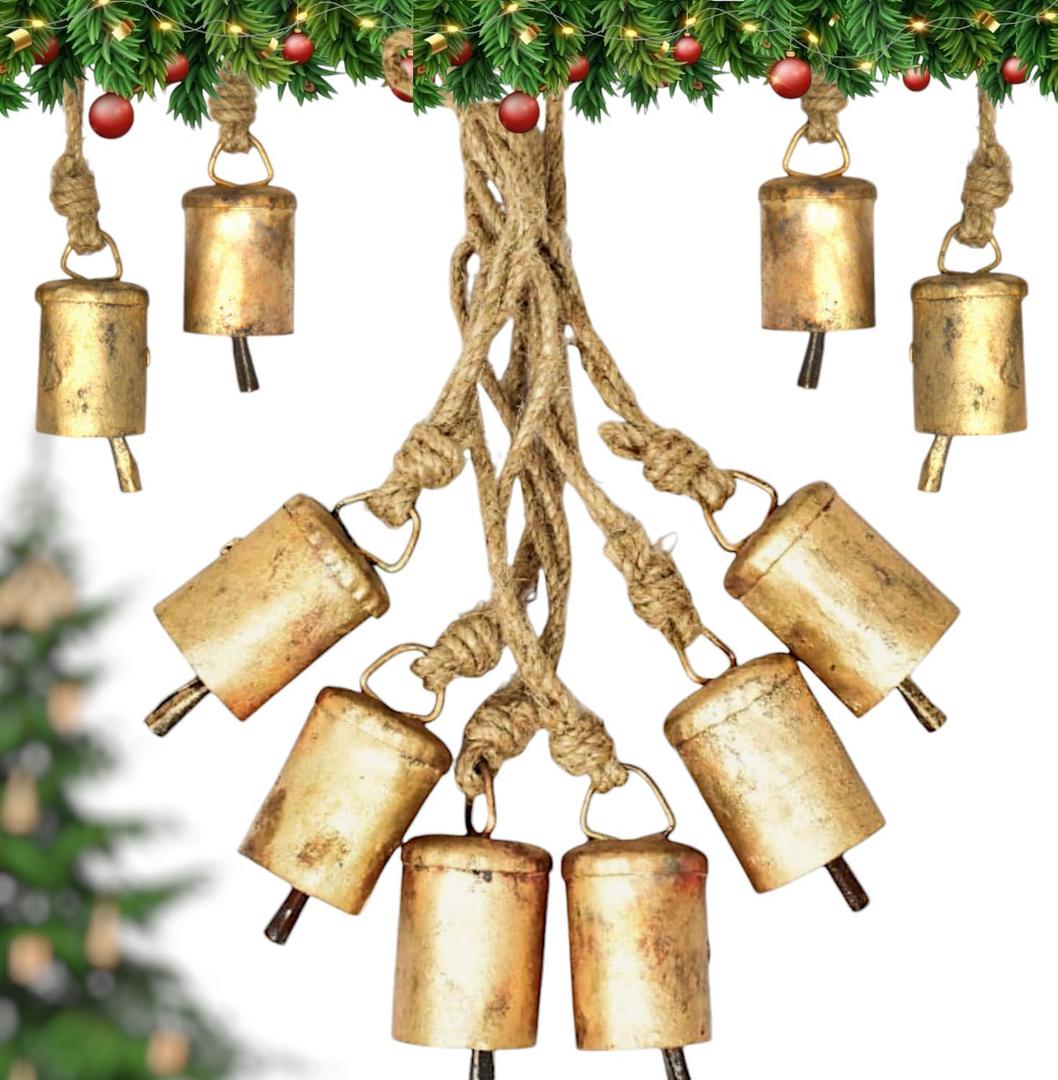 Set of 6 Bell Ornaments for Christmas Tree Rustic Decorations Vintage Bells Outdoor Chirstmas Gold Bells - Rustic Metal Handmade Lucky Cowbells Tin Metal Tree Decoration with Rope