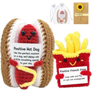 2 x Gifts for Friends, Emotional Support Crochet Positive Fries Hot Dog Set with Note, Positive Crochet Pack for Decor, Gift for Easter, Women, Men, Coworker, Boyfriend, Girlfriend