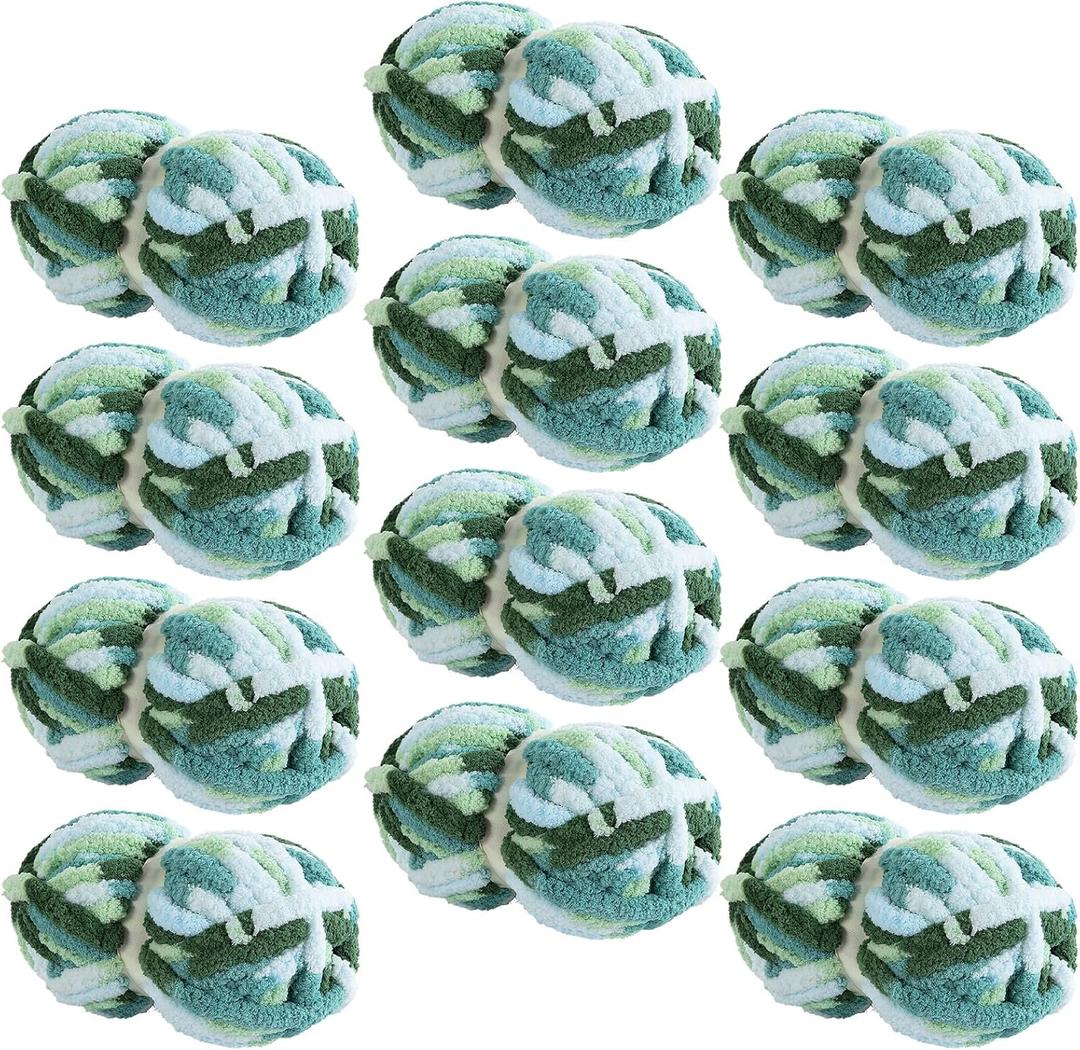 12 Pack Tie Dye Chunky Chenille Yarn for Crocheting & Knitting, 26yds 7.5 oz Each Skein Soft Fluffy Kitting Yarn Set, Multi Color Plush Yarn for Handcrafts Weaving Making Blankets, Blue Green (Blue+Sage+Olive)