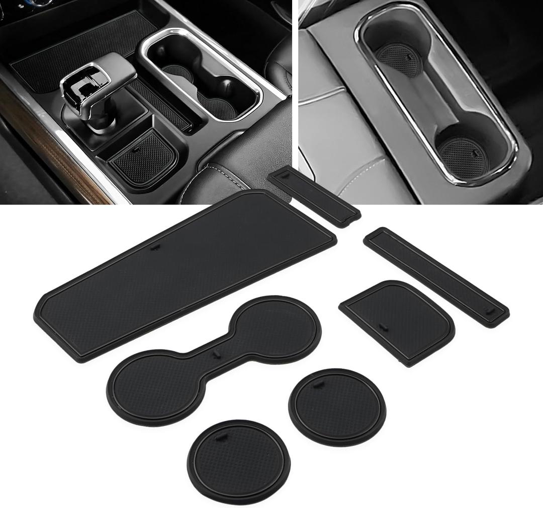 Auovo Center Console Mats Compatible with Chevy Silverado 1500 Backet Seat & Sierra 1500 2022 2023 2024 2025 Automotive Interior Decor Cup Holder Inserts(7pcs/Set, Black)