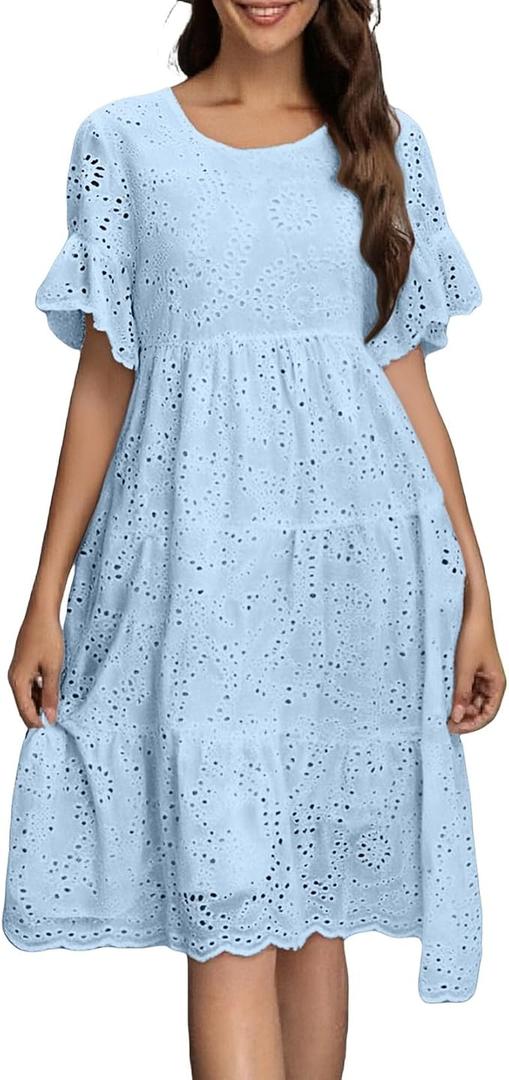 Womens Boho Summer Dresses 2025 Resort V Neck Short Sleeve Hollow Out Lace Ruffle Casual Beach Mini Vacation Dress L