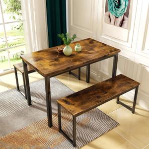 AWQM Dining Room Table Set, Kitchen Table Set with 2 Benches, Ideal for Home, Kitchen and Dining Room, Breakfast Table of 43.3x23.6x28.5 inches, Benches of 38.5x11.8x17.5 inches, Rustic Brown