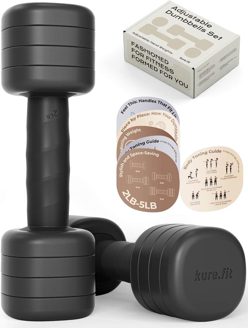 Adjustable Dumbbell Set2LB 3LB 4LB 5LB Light Hand Weights for WomenOne-Twist Weight AdjustmentNon-Slip Curved Grip HandleFree Weights for Home Gym, Rehab, Pilates, Yoga, Strength Training (Classic Black)