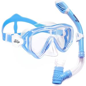 Seago Kids Snorkel Set Dry Top Mask Snorkeling Gear for Boys Girls Youth, No Leak Anti-Fog Clear View Scuba Diving Swim Kit Blue
