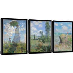 Woman with a Parasol by Claude Monet Canvas Wall Art, Oil Painting Impressionism Classic Artwork Pictures with Black Framed for Home Decor - 16"x24" (16" x 24" x 3pcs Black Frame, Monet Landscape)