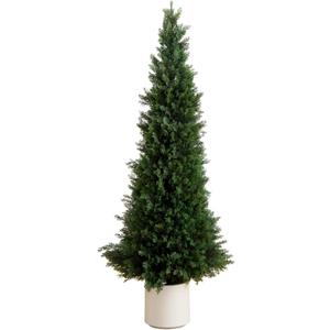 Nearly Natural 5-FT Artificial Cedar Tree, Indoor/Outdoor UV Resistant Faux Cedar Tree in Decorative White Planter for Front Porch Dcor