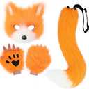 HAOAN Furry Fox Mask Wolf Fox Tail and Paw Gloves Set Adult Cat Halloween Mask Animal Party Costume (Orange White)