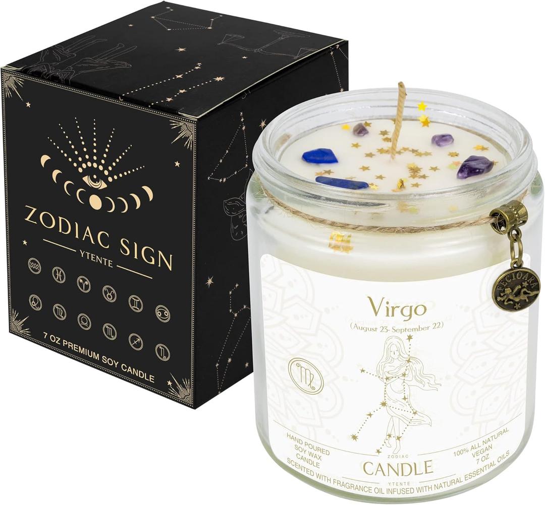 Zodiac Sign Candles, Zodiac Crystal Sign Candles,Astrology Scented Candles Best Friends Gifts for Women, Men Sister Brother Zodiac Funny Birthday Gift Candle Jar (Virgo)