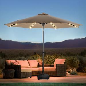 wikiwiki 10FT Solar Led Patio Umbrella with Base, Sturdy Outdoor Market Umbrella for Deck, Pool, Garden w/Tilt, Crank, 32 LED Lights, Tan