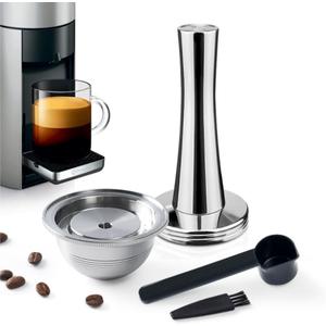 Stainless Steel Refillable Coffee Capsule For VertuolineGCA1, BENFUCHEN Metal Refillable Pod Brew Coffee 230ML/7.5OZ(BIG Cup), NespressoVertuo Reusable Pod For ENV135, 1 Pod 1 Tamper