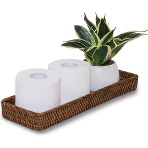 Rattan Toilet Tank Basket Guest Towel Holder for Serving Organizing Bread Shelves 17'' x 6'' x 2'' Bathroom Counter and Storage Decorative Wicker Tray (17 x 6 x 2 inches, Dark Brown)