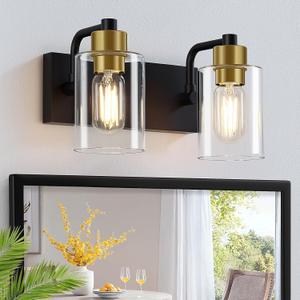 Dpyrrhic Bathroom Light Fixtures, Matte Black and Gold 2-Light Bathroom Lights Over Mirror with Clear Glass Shade,Wall Sconces for Bathroom