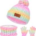 4 Pieces Winter Hat Scarf Glove Set for Women,Fleece Lined Beanie with Pom Pom,Touchscreen Gloves Knit Scarf for Cold Weather (3pcs Kid Colour)