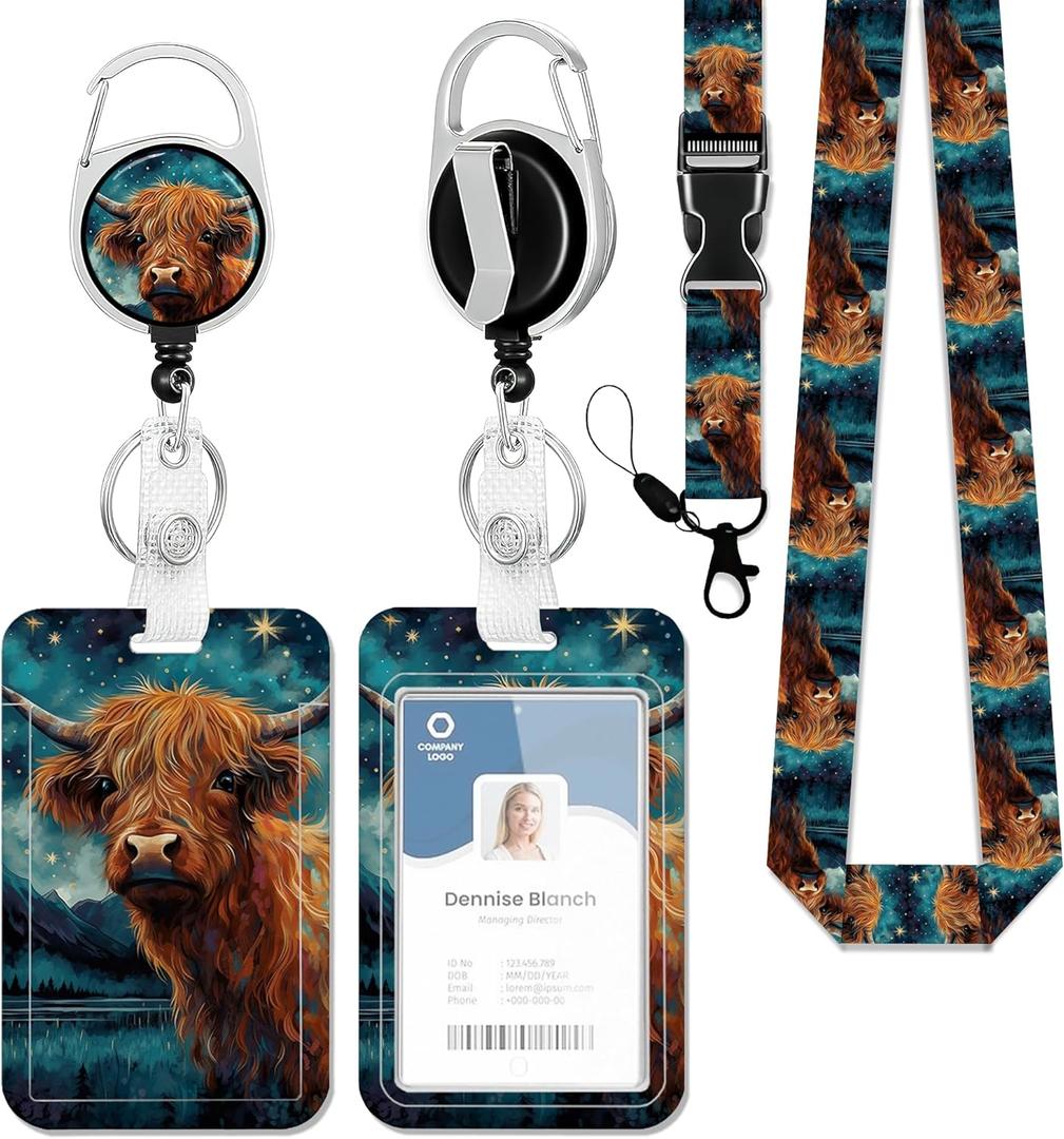 Badge Holder with Lanyard,Highland Cow Lanyards for ID Badges, Badge Holder with Breakaway Lanyard Keychain, Card Protector for Women, Gifts for Teacher Nurse Workers (onesize)