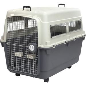 SportPet Designs Plastic Kennels Rolling Plastic Airline Approved Wire Door Travel Dog Crate, XXX-Large, Gray (48.0"L x 32.0"W x 36.0"H)