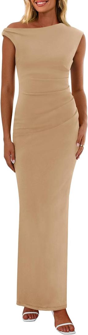 PRETTYGARDEN Women's 2026 Summer Formal Maxi Dresses Sleeveless One Shoulder Bodycon Ruched Mesh Wedding Guest Cocktail Dress (XL)