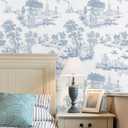 Hopepak 17.3''x197'' Toile Peel and Stick Wallpaper for Bedroom Bathroom White and Blue Wall Paper Self Adhesive Removable French Contact Paper Decoral Cabinets