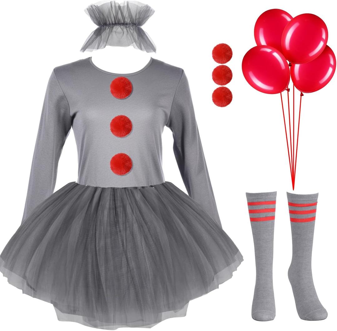 Halloween Clown Costume for Women Tutu Skirt Ruffle Collar Stripes Thin Tube Socks Faux Rabbit Fur Balls Red Latex Balloons (Medium, Grey)
