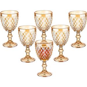 Vintage Wine Glasses Set of 6, 10 Ounce Colored Glass Water Goblets, Unique Embossed Pattern High Clear Stemmed Glassware Wedding Party Bar Glass Drinking Cups Diamond Amber