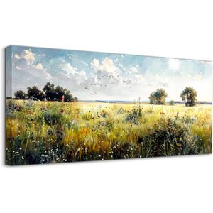 SERIMINO Country Nature Landscape Wall Art, Green Meadow Wildflower Extra Large Canvas Painting, Spring Scenery Aesthetic Rustic Farmhouse Wall Decor Living Room Dining Room Art Prints 29X57 Inch