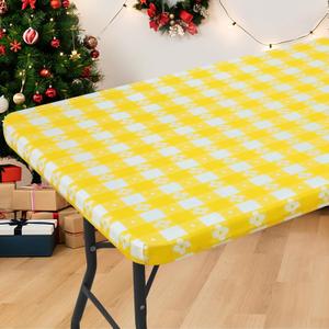 Rectangle Vinyl Table Cloth, Waterproof Elastic Fitted Tablecloth with Flannel Backing, Plastic Table Cover for Picnic, Camping, Outdoor (White & Yellow, 24"x48")
