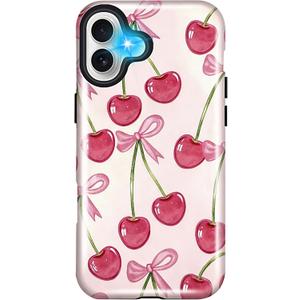 Girls Cute Case for iPhone 16, Bow Cherry Women Phone Cases | Dual-Layer Shockproof Protection