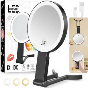 Travel Makeup Mirror with Lights, Lightened 10X/1X Double Sided Magnifying Mirror with 3 Colors, Brightness Adjustable Portable LED Mirror Gifts for Her Women Girls (Black)