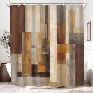 KOMLLEX Abstract Brown Shower Curtain for Bathroom Decor 72Wx72H Inches Rustic Tan Block Rust Wood Geometric Simple Minimalist Retro Farmhouse Contemporary Fabric Waterproof Polyester 12 Pack Hooks
