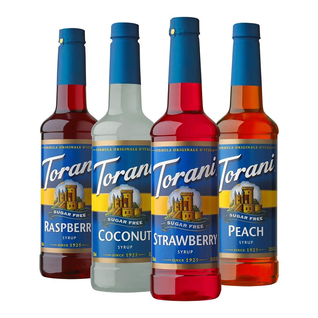 Torani Sugar Free Flavored Drink Syrup Soda Flavors Variety Pack, Raspberry, Coconut, Strawberry & Peach, 25.4 fl oz, (Set of 4), BBD 03/31/2028