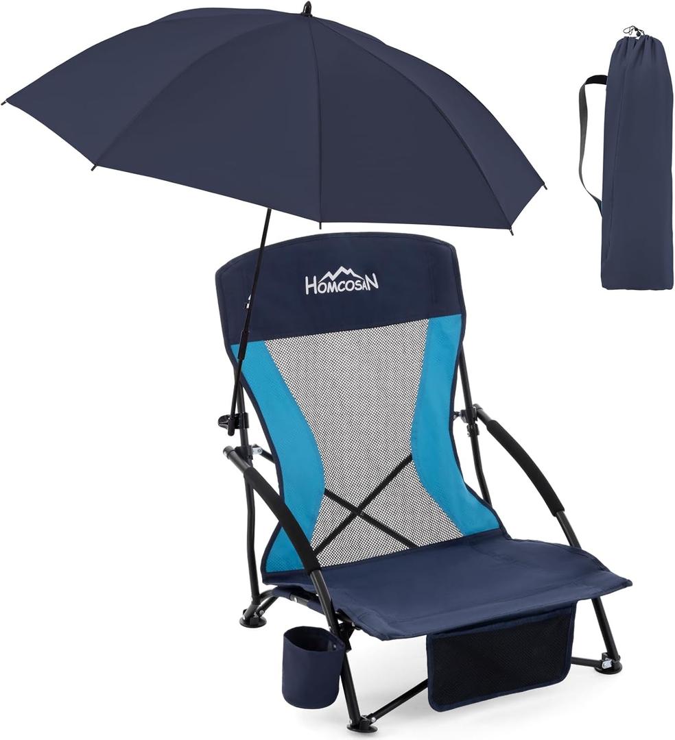 Homcosan Portable Low Folding Beach Chair with Detachable Umbrella - Lightweight Camping Chair for Adults with Cup Holder & Storage Pocket, Carry Bag Included (Navy & Blue), 1 Pack