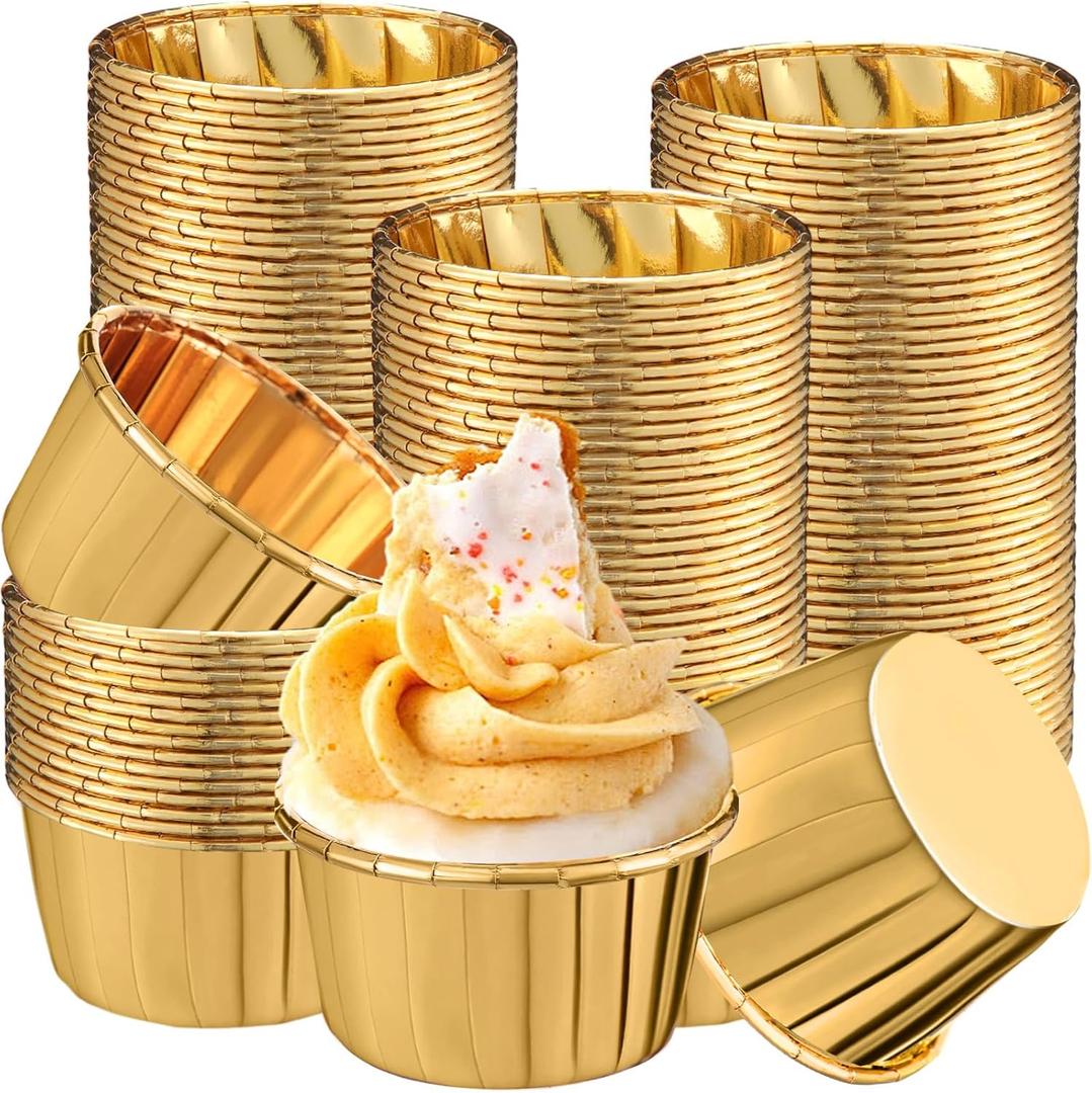 300 Pack Cupcake Liners Cups Baking Bulk Disposable Foil Muffin Liners 4 oz Wrappers for Baking Aluminum Paper Mini Cupcake Holders Metallic Holiday Party Wedding Festival Supply (Gold,4 oz)