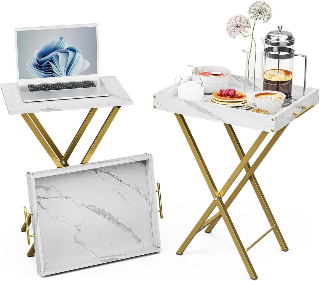 Folding TV Tray Tables, Set of 2 Side Table for Small Place, Snack Eating Tables at Couch, Folding Tables with Removable Serving Tray, Portable End Table Easy Assembly (White)